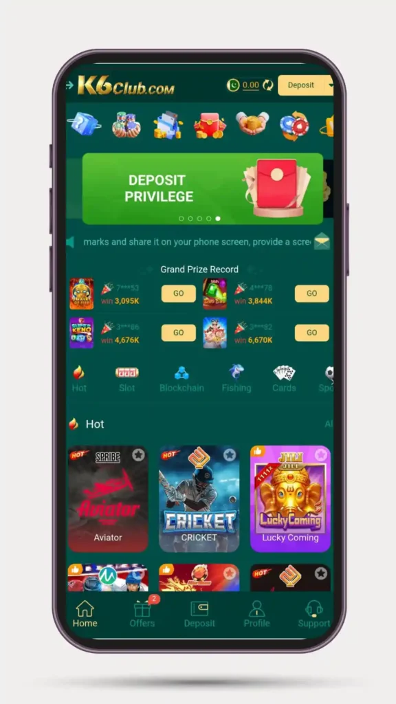 Home page of K6 Club Game.