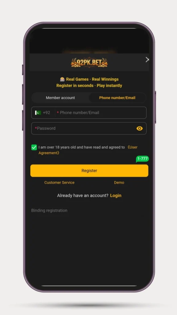 Register and login method in 92PK BET Game.