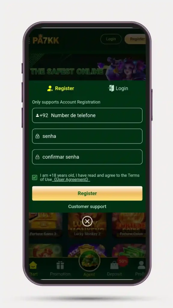 Register and login method in PA7KK Game.