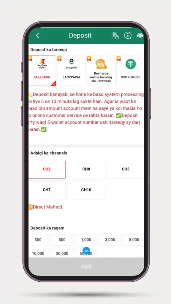 Deposit method in Naseebet Game.