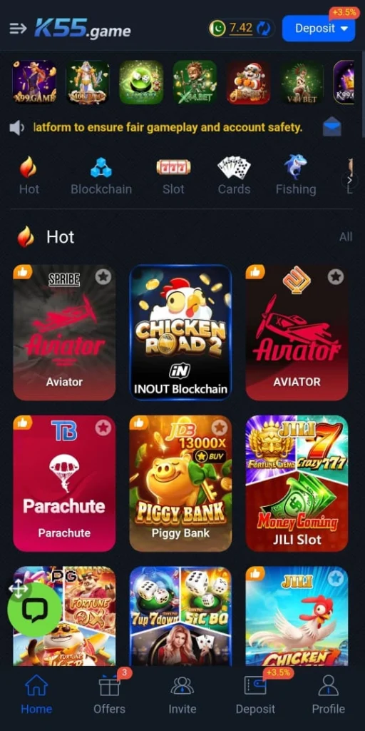 Dashboard of K55 Game.