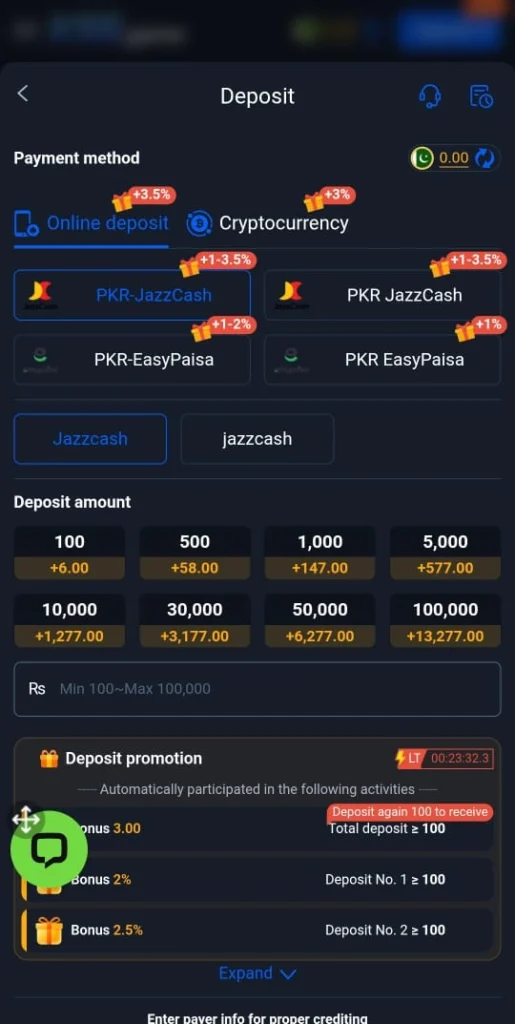 Deposit method in K55 Game.